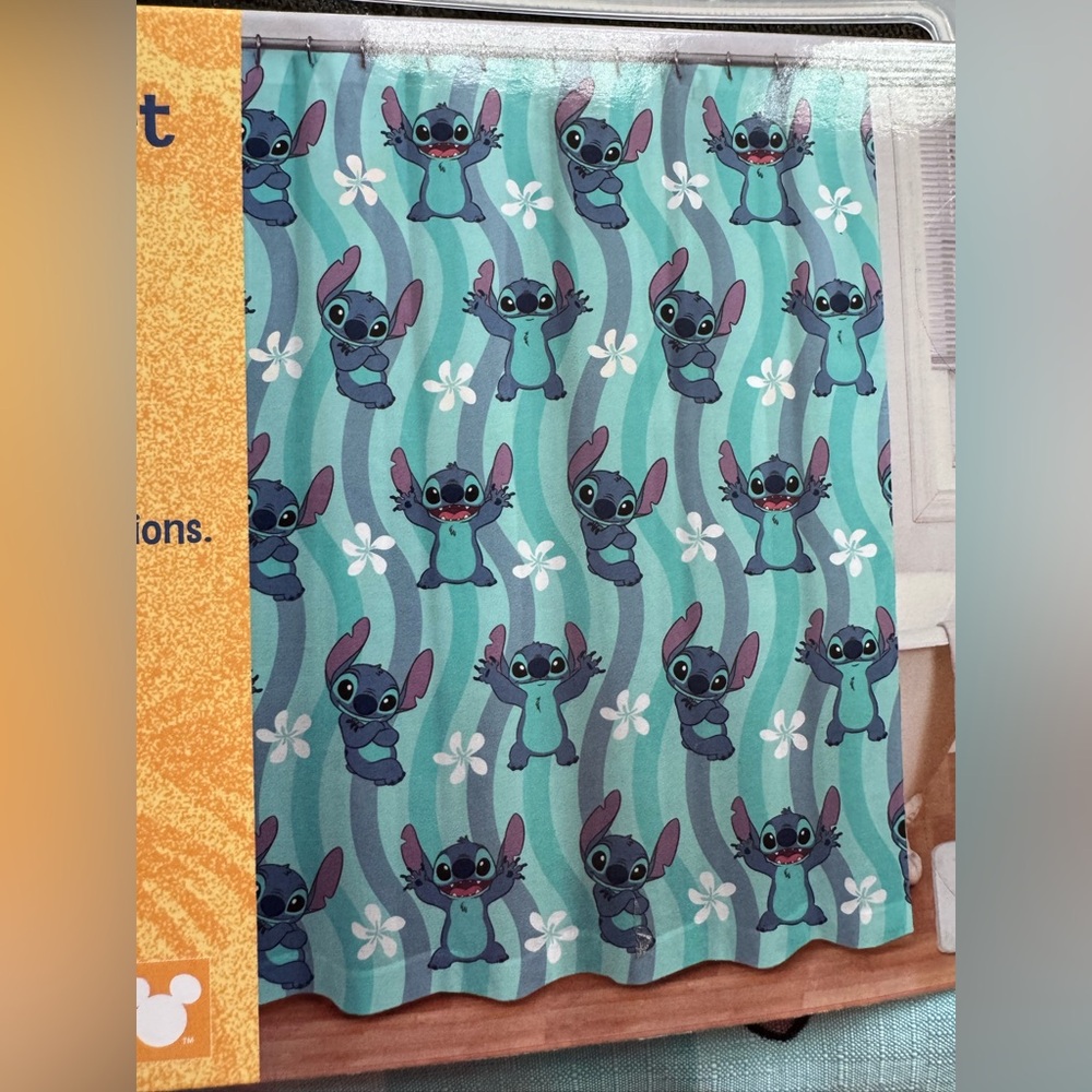 Disney Stitch Wave Print Fabric Shower Curtain - Teal & Aqua  and 12 hooks
